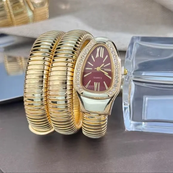 Serpenti Snake Wrap Elegant Gold Women's Watch with Burgundy Dial - Picture 1 of 5